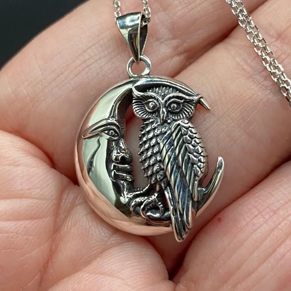 Owl And Moon Sterling Silver Pendant Necklace
